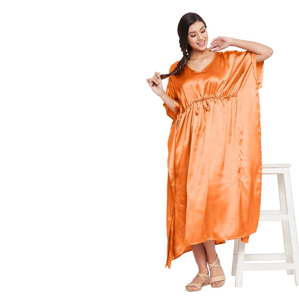 Womens Orange Night Dress Comfortable Long Maxi Sexy Satin Nighty for Ladies - Picture 4 of 6